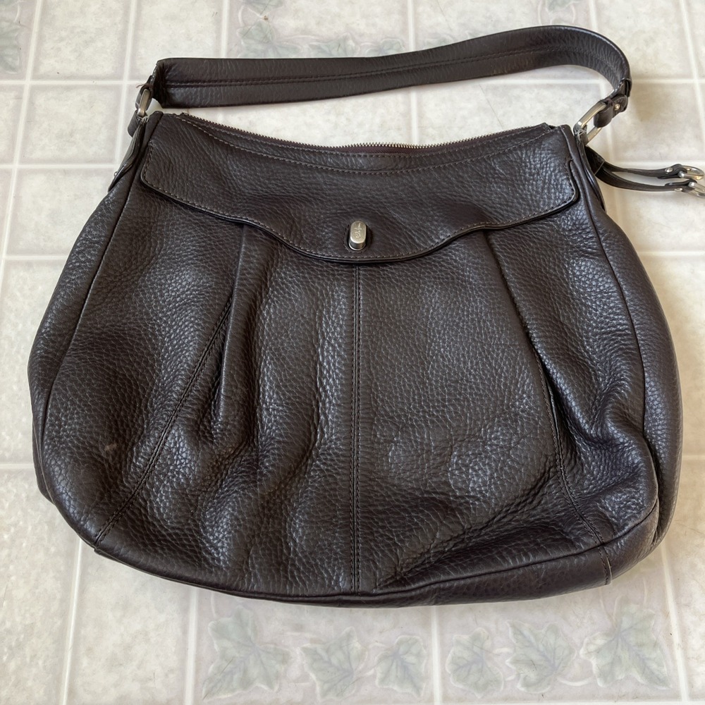 COLE HAAN Brown Pleated Pebbled Leather Hobo Large Shoulder Tote Shopper Bag